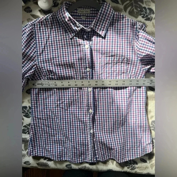 Per Se woman’s plaid button up shirt size medium color white purple and blue - Picture 4 of 5